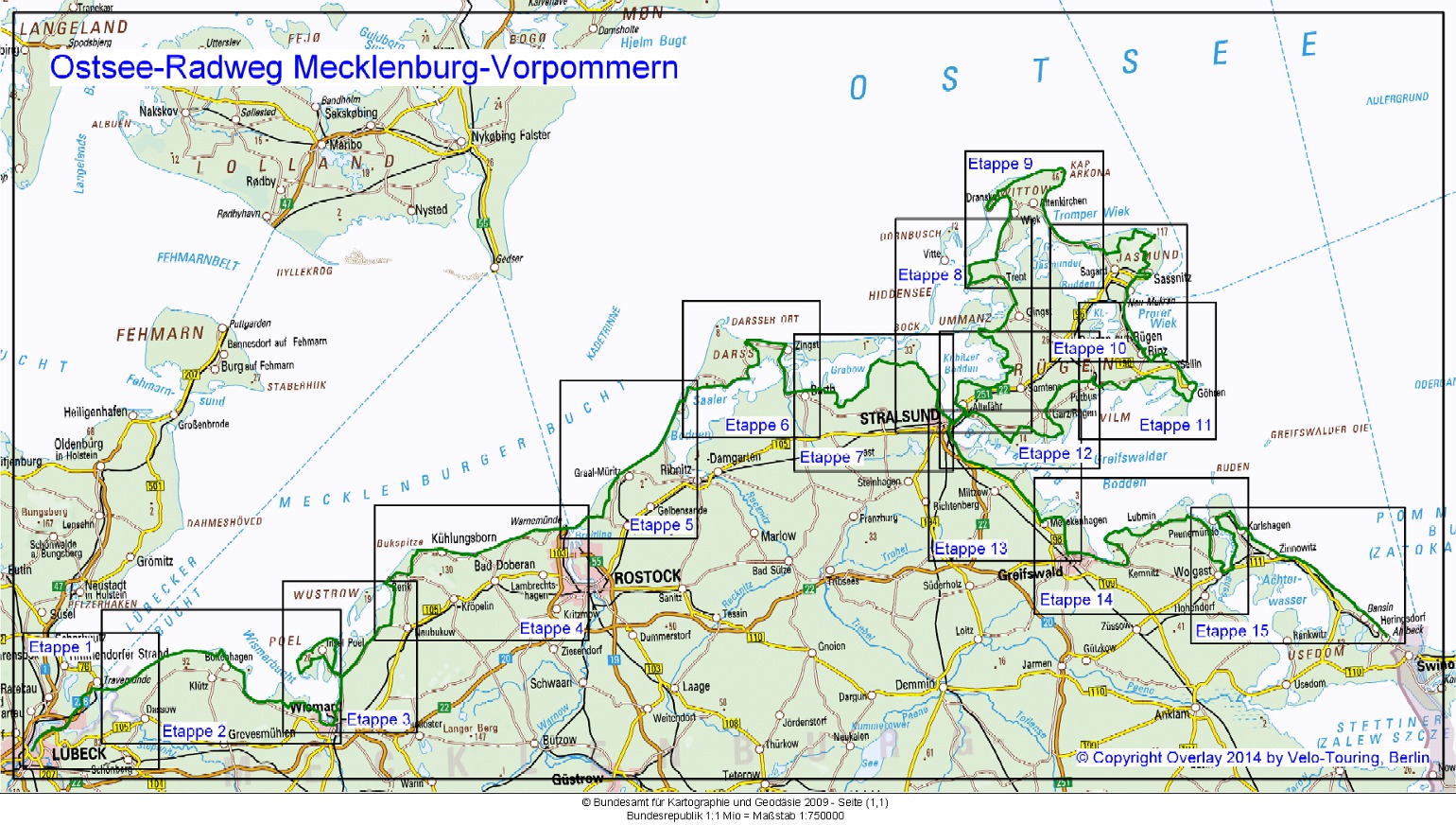 Übersichtskarte Ostsee-Radweg von Lübeck nach Ahlbeck